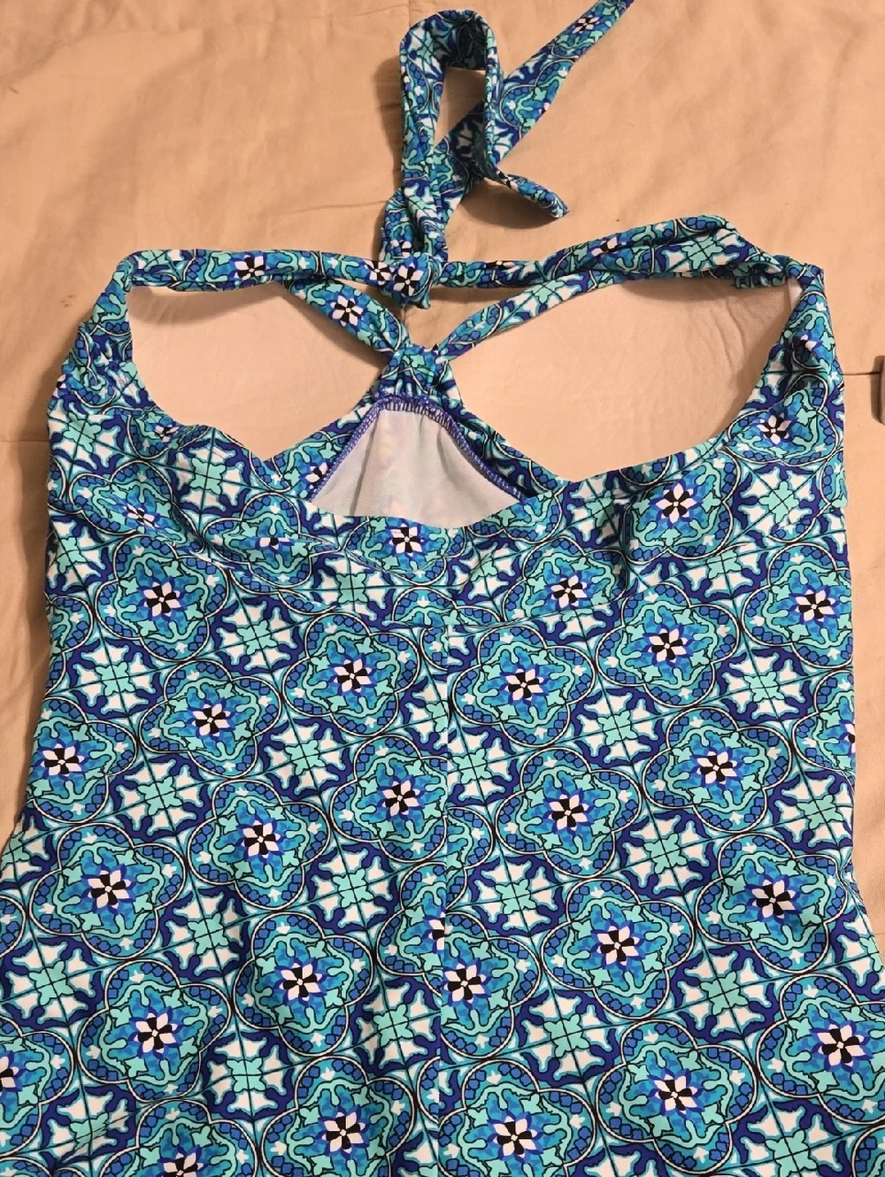 Spanx Love Your Assets Halter Blue Patterned One-Piece Swimsuit Size XL